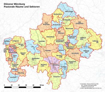 Karte der Pastoralen Räume im Bistum Würzburg.